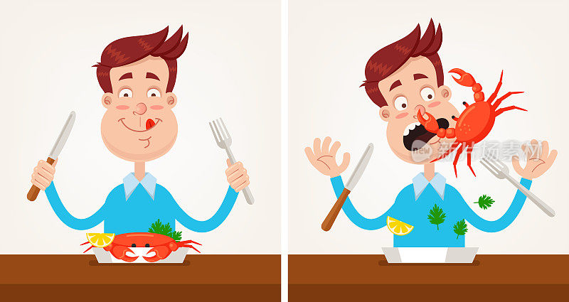 Happy smiling man gourmet character gourmet is going to eat roasted grilled crab dish and holding knife fork. Crab attack and bite nose. Cooking sea meat food dish culinary concept. Vector flat graphic design cartoon illustration